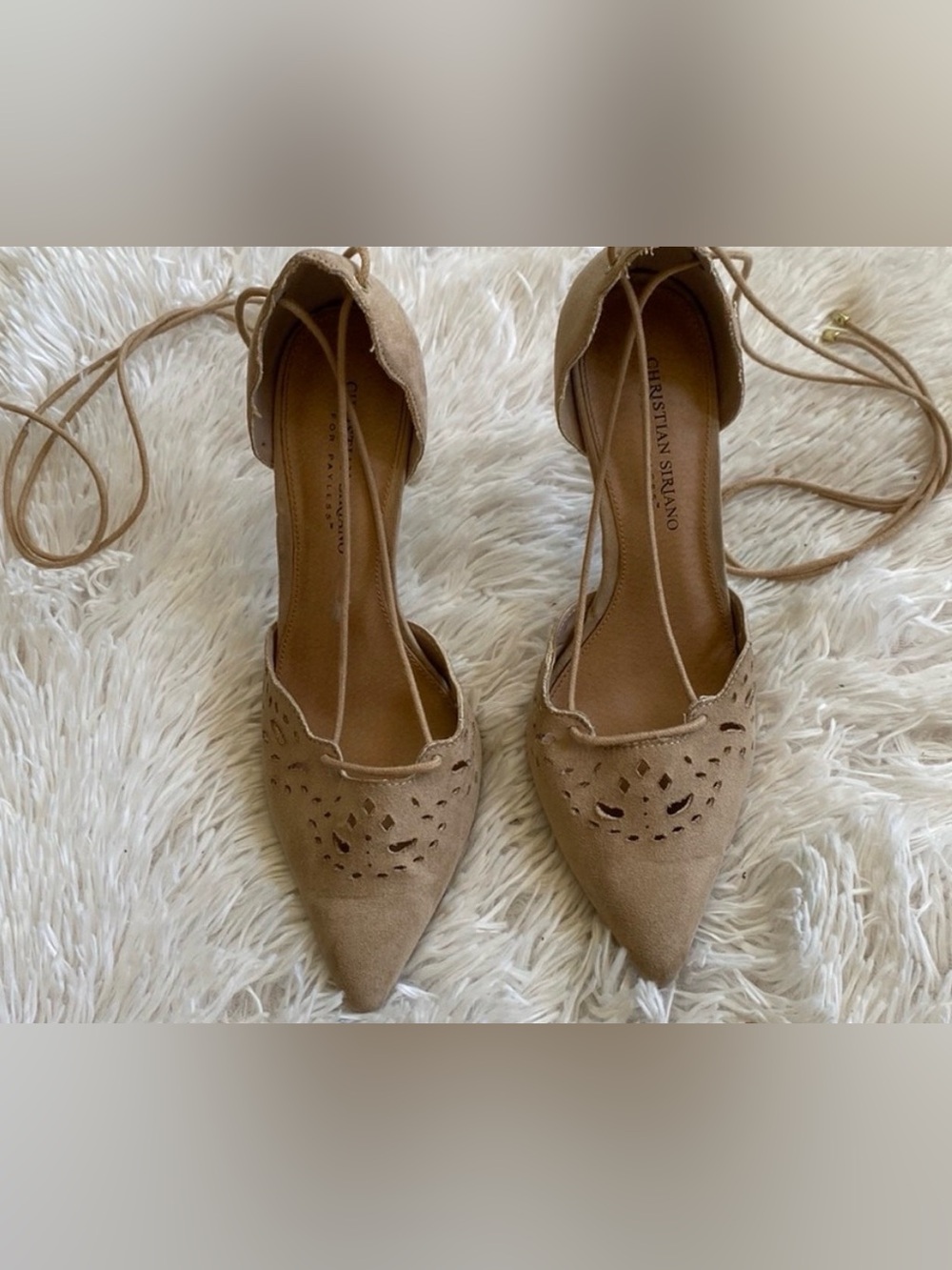 Christian Siriano Beige Suede Pointed-Toe Lace-Up heels shoes